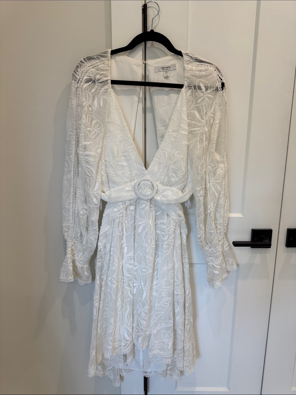 Ever New White Embroidered Lace Long Sleeve V-Neck Mini Dress with Belt